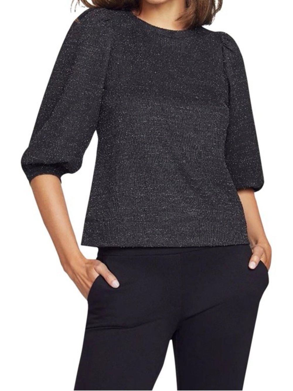 Anne Klein Black Metallic Thread Puff-Sleeve Knit Top